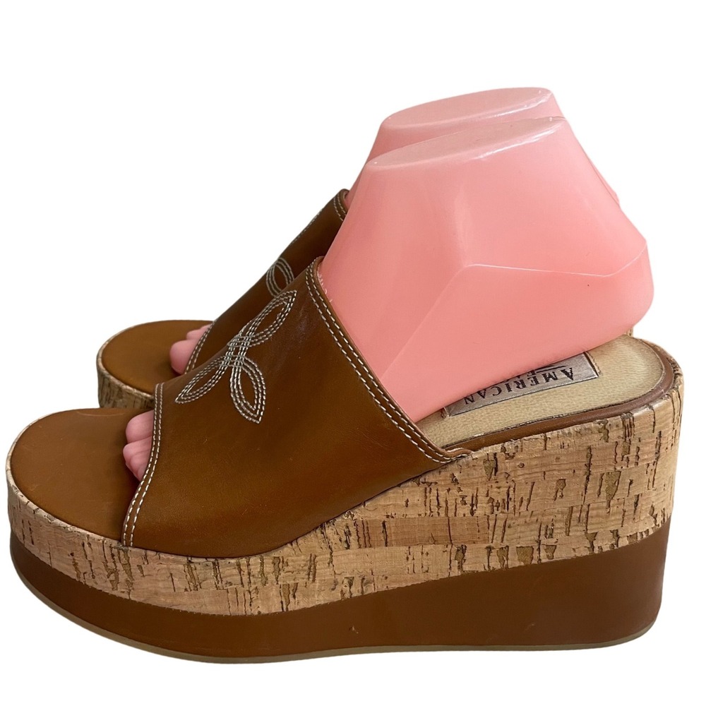 American Eagle leather wrangler VTG Brown Cork Platform Wedge Mules  women's 10